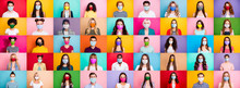 Photo Multiple Montage Image Of Student Kid Afro Human People Of Different Age And Ethnicity Wearing Surgical Disposable And Fabric Breathing Masks Isolated Over Bright Colorful Background