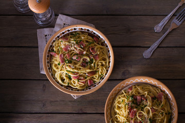 Wall Mural - Garlic Bacon pasta. Italian food. View from above, top view