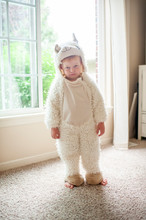 Boy Dressed In Llama Costume Making A Grumpy Face Standing By Window