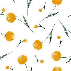 Wall Mural - Botanical hand drawing seamless pattern. Branches with flowers and leaves scattered random. Trendy abstract vector texture. Fashion print, fabric, design. Hand drawn dandelion on white background