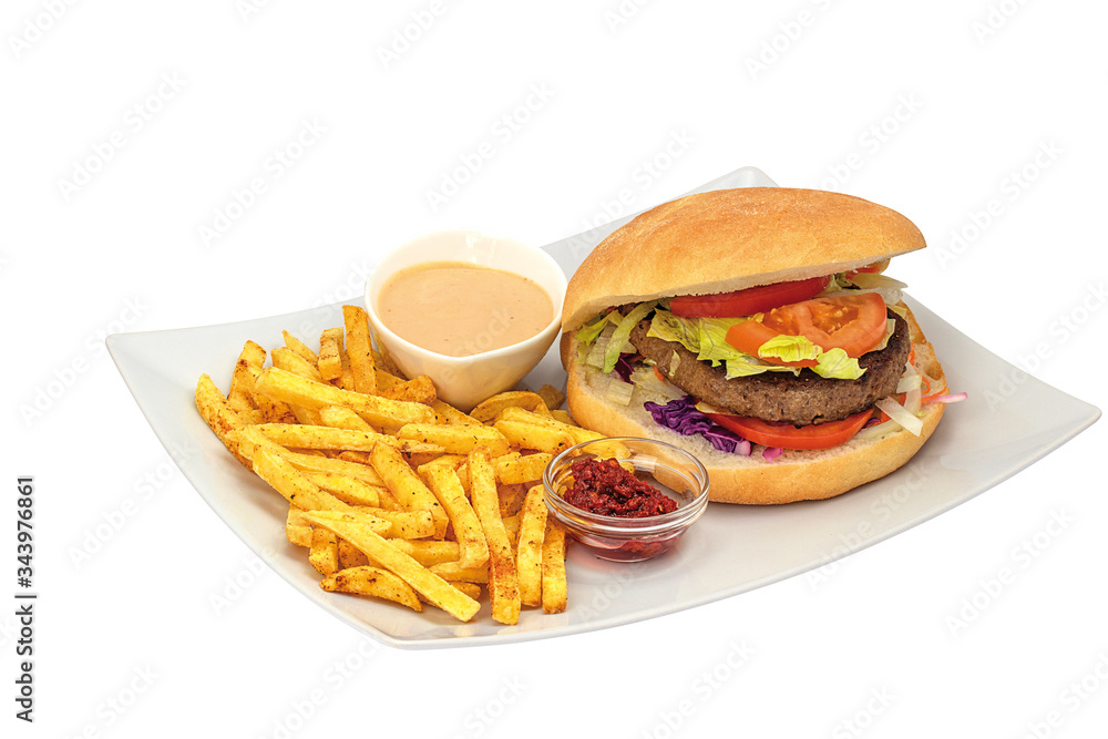 Hamburger Pommes Teller Stock Photo