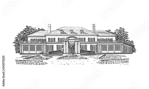 Vector illustration with Georgian style mansion, country estate. Historic Building with Hipped-roof Colonial Revival, with third-story dormers. In front of the house - beautiful formal gardens.