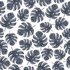 Wall Mural - Vintage tropical monstera leaves seamless pattern. Jungle background. Vector illustration