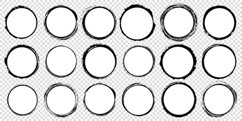 set of black round banners - brush painted circle on transparent background