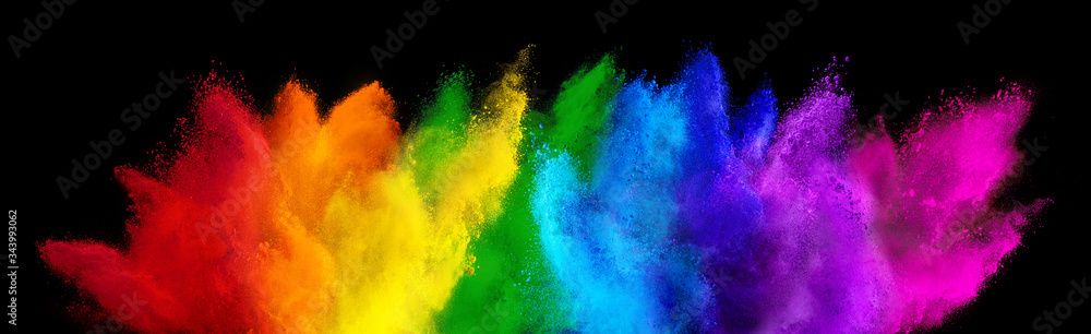colorful rainbow holi paint color powder explosion isolated dark black wide panorama background. peace rgb beautiful party concept - obrazy, fototapety, plakaty 