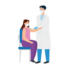 Sticker - doctor vaccinating to woman using face mask vector illustration design