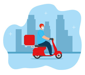 Canvas Print - delivery worker using face mask in motorcycle vector illustration design