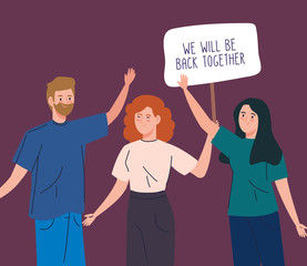 Wall Mural - young people with label of we will be back together vector illustration design