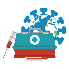 Sticker - world planet with particles covid 19 and first aid kit vector illustration design