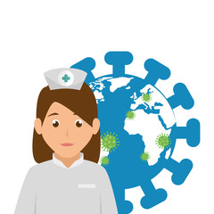 Sticker - world planet with particles covid 19 and nurse vector illustration design