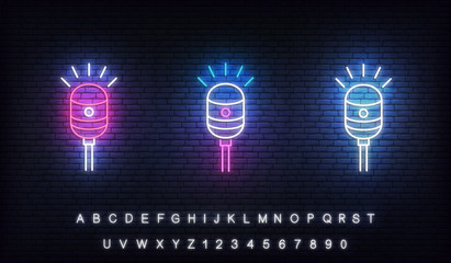 Wall Mural - Set of neon microphones for podcast, stand up, comedy show
