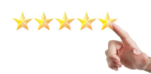 hand of touching rise on increasing five stars. increase rating evaluation classification concept