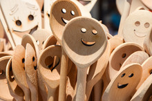 Close-up Of Anthropomorphic Smiley Face On Wooden Spoon
