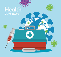 Sticker - world planet with particles covid 19 and first aid kit vector illustration design