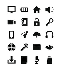 battery and smartphone app buttons icon set, silhouette style