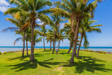 Elderly tourist standing among the palm trees next to the sea in Fiji.