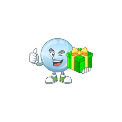 Poster - Smiley collagen droplets cartoon character holding a gift box