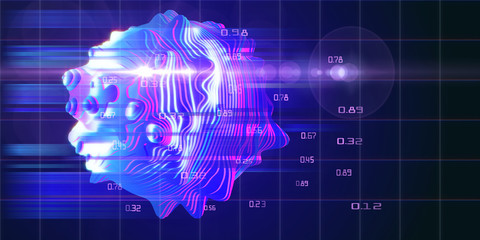 Poster - Abstract concept of layered analysis of a spherical data array. Big data.  Noise sphere cut on color layers with blurred lines and lens effects. Banner for business and science design.