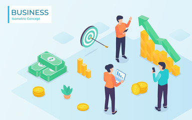 Wall Mural - business team analysis with graph and chart and money with modern isometric style