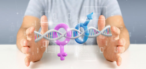 Wall Mural - Businessman holding a DNA with data and male and female symbol - 3d rendering