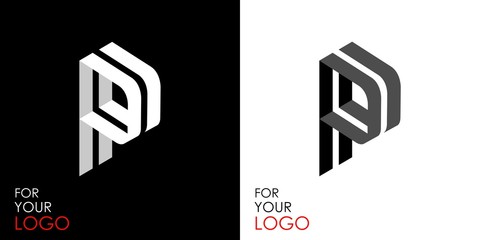 Isometric letter P. From stripes, lines. Template for creating logos, emblems, monograms. Black and white options. 3D art symbol. Vector