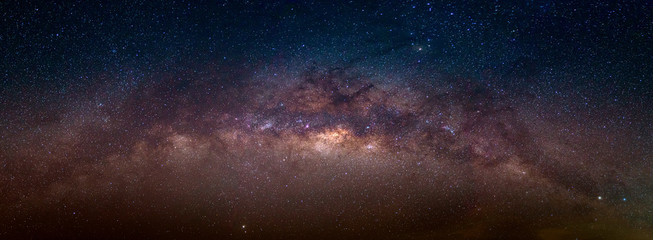 Panorama view universe space shot of milky way galaxy with stars on a night sky background.