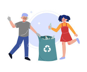 Wall Mural - Boy and Girl Collecting Plastic Wastes into Garbage Bag, Children Picking Up Trash for Recycling Vector Illustration