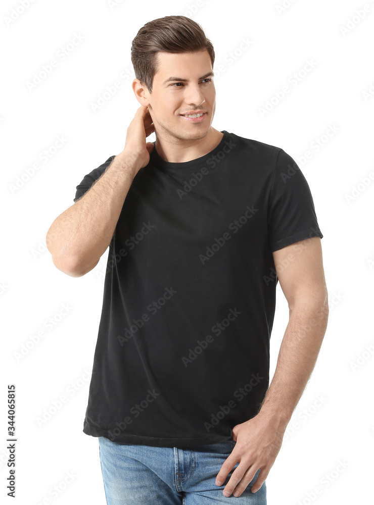 Man in stylish t-shirt on white background