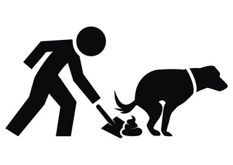 Collect poop from your dog. Person with shovel on secrement. Black vector illustration.	