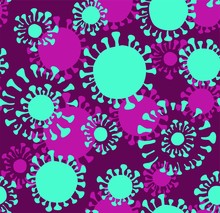 Virus, Seamless Pattern, Color, Purple. Virus Strain. Green Flat Images On A Purple Field. Vector Image.  