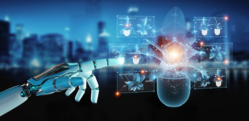 Fototapete - Robot hand holding and touching holographic projection of a plant with digital analysis 3D rendering
