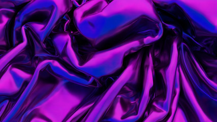 Wall Mural - Iridescent chrome wavy cloth fabric abstract background, ultraviolet holographic foil texture, liquid petrol surface, ripples, metallic reflection. 3d render illustration.