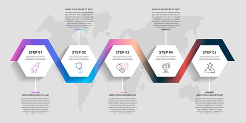 Vector business infographics. Timeline modern with 5 hexagons. Used for web design, graph, diagrams, slideshow