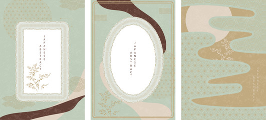 Wall Mural - oriental japanese style abstract pattern background design geometry wave move retro frame and plant 