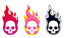 Burning Skull In Fire Flame, Vector Illustration Isolated On White, Set Of 3. Red, Textured, Black And White Versions.