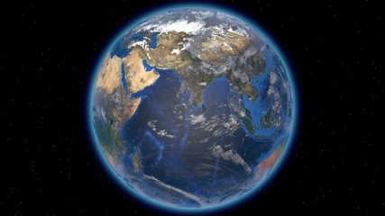 Wall Mural - Beautiful planet Earth in space against the background of stars. Europe and Asia. 3d rendering. Elements of this video furnished by NASA.