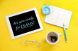 © New Africa - Modern tablet with phrase ARE YOU READY FOR EXAMS on yellow background, flat lay