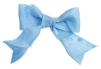 Wall Mural - Blue ribbon curl isolated on white background. Bright blue ribbon bow and curl isolated on white background. Textile accessories for sewing and gift scrapbooking decorations. Atlas or silk ribbon