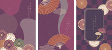 Oriental Japanese Style Abstract Pattern Background Design Purple Flower Folding Fan Decoration And Frame