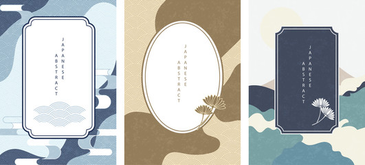 Wall Mural - oriental japanese style abstract pattern background design geometry wave move retro frame and plant 