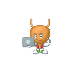 Wall Mural - Diligent bladder mascot design style working from home with laptop