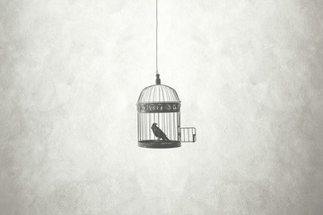 Wall Mural - freedom minimal concept, bird in an open cage