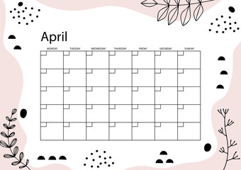 Wall Mural - April planner, monthly planner calendar , hand drawn textures, trendy style.