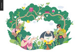 Fototapeta Dinusie - Gardening people, spring - modern flat vector concept illustration of people in the garden wearing aprons and gloves, gardening, watering, planting, cutting branches. Spring gardening concept