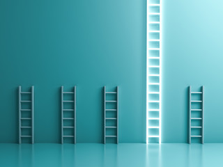 Fototapete - Longest neon light ladder standing out from the crowd and different the business creative idea concepts on blue green pastel color wall background with shadows and reflections 3D rendering
