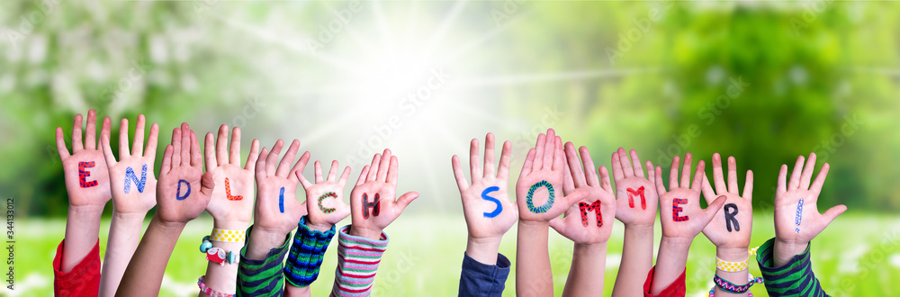 Children Hands Building Colorful German Word Endlich Sommer Means Finally Summer. Green Grass Meadow As Background - obrazy, fototapety, plakaty 