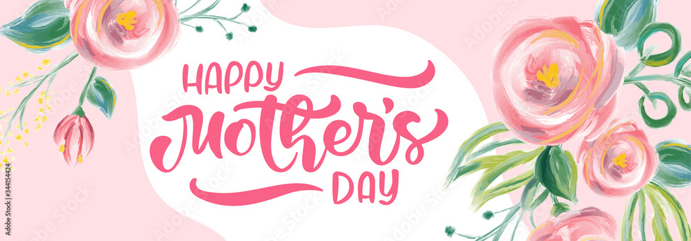 Happy mothers day vector calligraphy text with flowers background. Beautiful greeting card, poster or banner, illustration, creating card, invitation - obrazy, fototapety, plakaty 