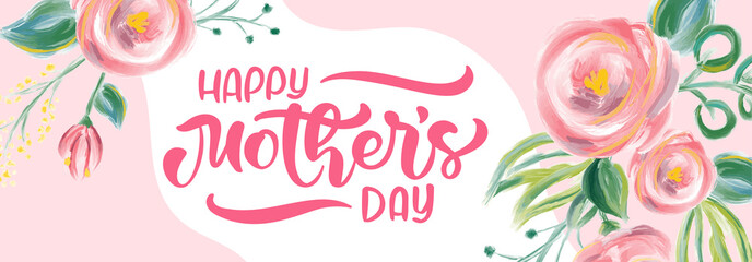 Happy mothers day vector calligraphy text with flowers background. Beautiful greeting card, poster or banner, illustration, creating card, invitation