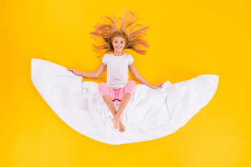 Sticker - Top view above high angle flat lay flatlay lie concept of her she nice lovely cute cheerful cheery girl sitting on blanket like moon isolated bright vivid shine vibrant yellow color background