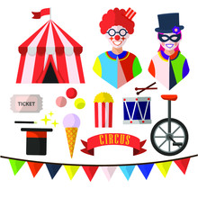 Circus, Isolated Icons On White Background. Clowns, Drum, Ice Cream, Ticket, Tent, Flags, Bicycle